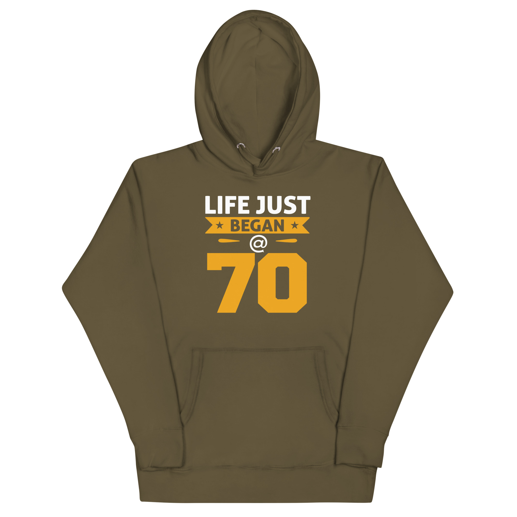unisex-premium-hoodie-military-green-front-67bc5753063ec.jpg LIFE JUST BEGAN @ 70 - Image 1
