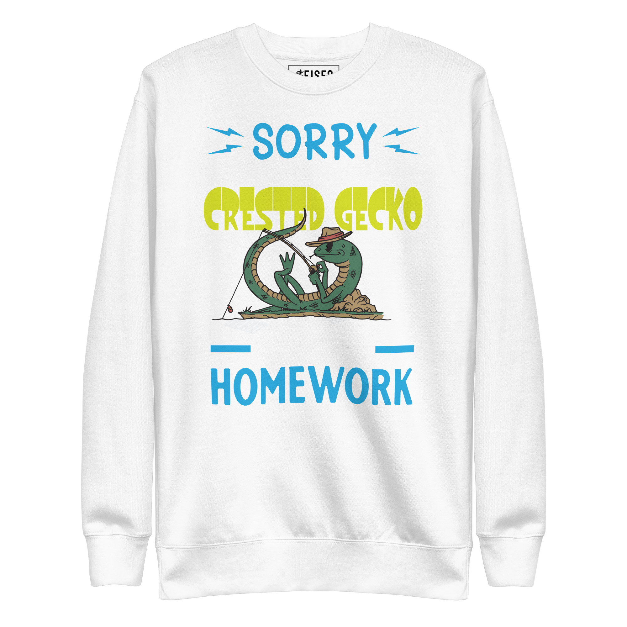 unisex-premium-sweatshirt-white-front-67b964cbf238c.jpg SORRY MY CRESTED GECKO ATE MY HOMEWORK - Image 1
