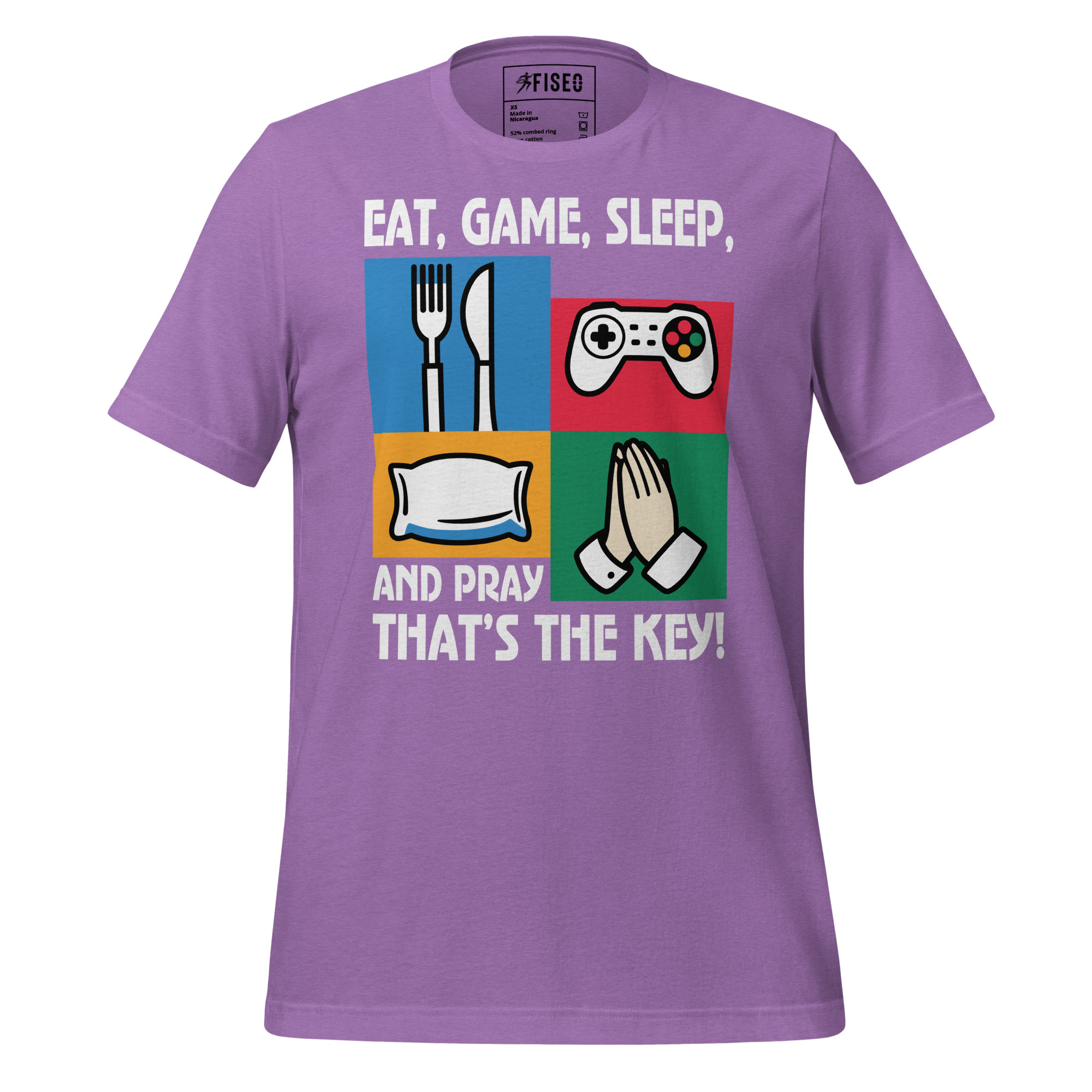 unisex-staple-t-shirt-heather-team-purple-front-67b96341d394d.jpg EAT, GAME, SLEEP, AND PRAY THAT’S THE KEY! - Image 1