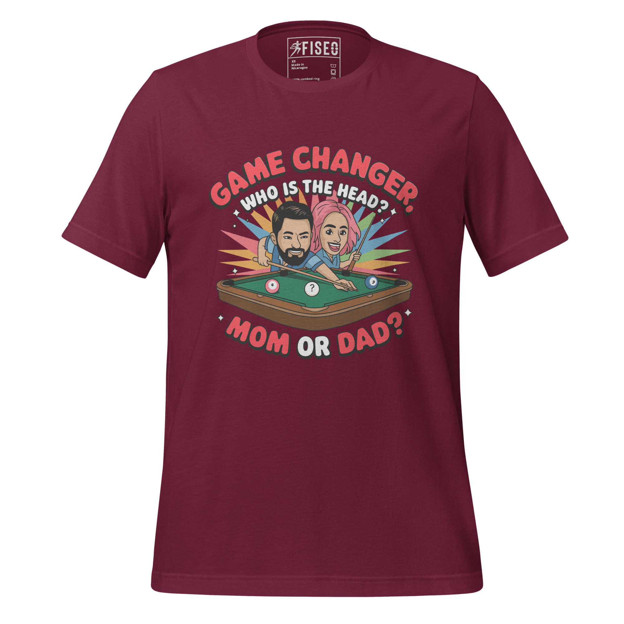 unisex-staple-t-shirt-maroon-front-67b974baf1462.jpg GAME CHANGER WHO IS THE HEAD? MOM OR DAD? - Image 1
