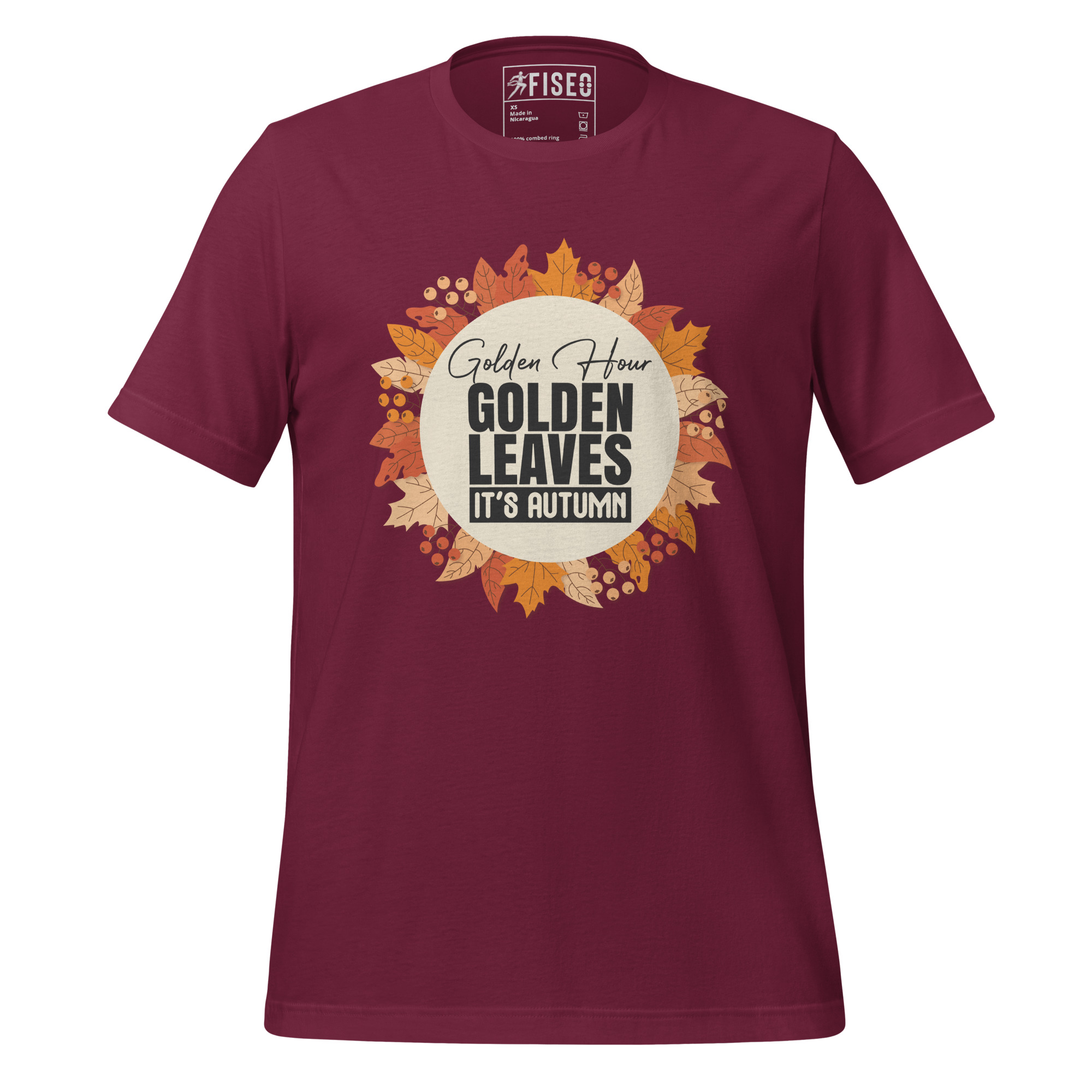unisex-staple-t-shirt-maroon-front-67bc08576690f.jpg GOLDEN LIVES IT’S AUTUMN - Image 1