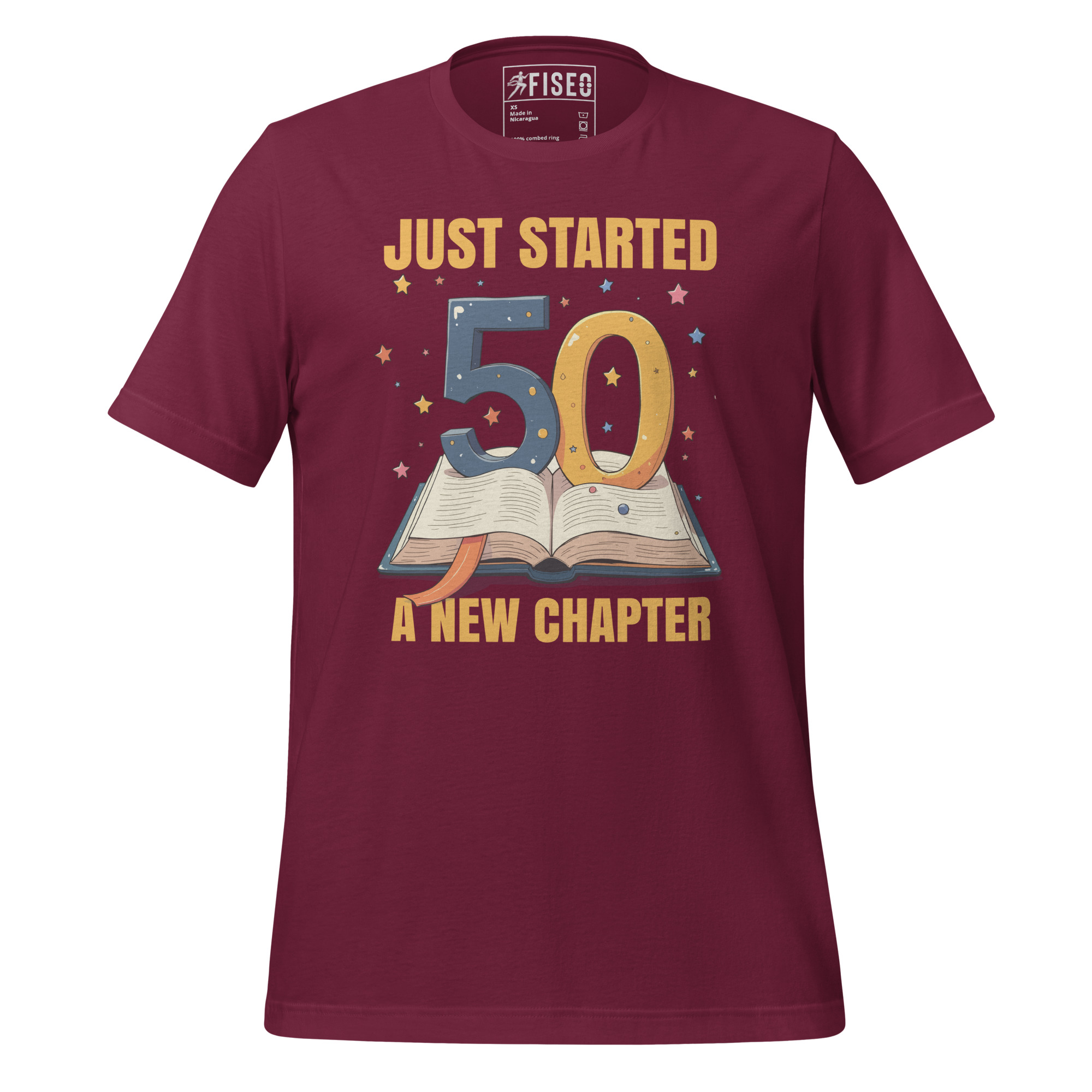 unisex-staple-t-shirt-maroon-front-67bc18634270f.jpg JUST STARTED 50 A NEW CHAPTER - Image 1