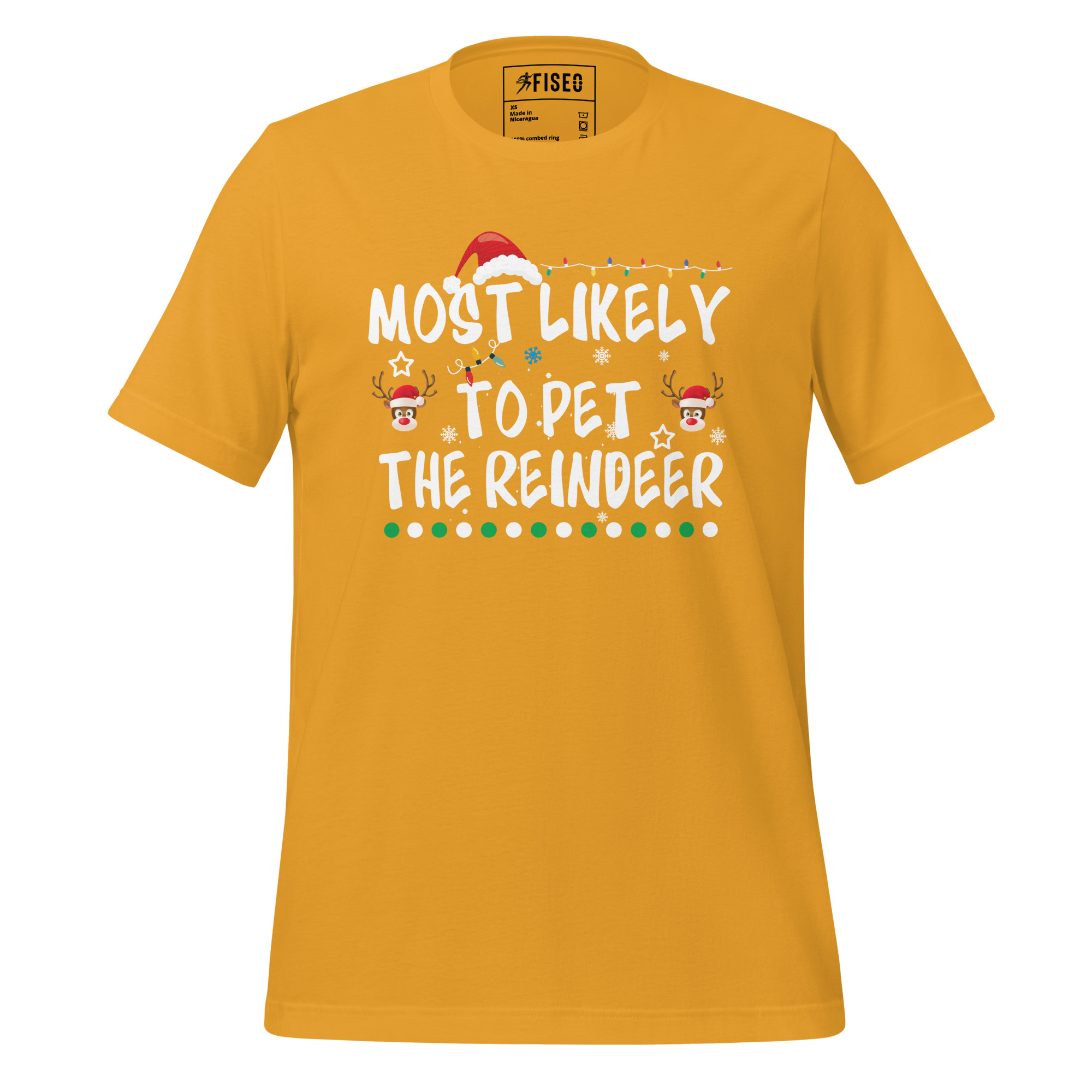 unisex-staple-t-shirt-mustard-front-67bf14085104e.jpg MOST LIKELY TO PET THE REINDEER - Image 1