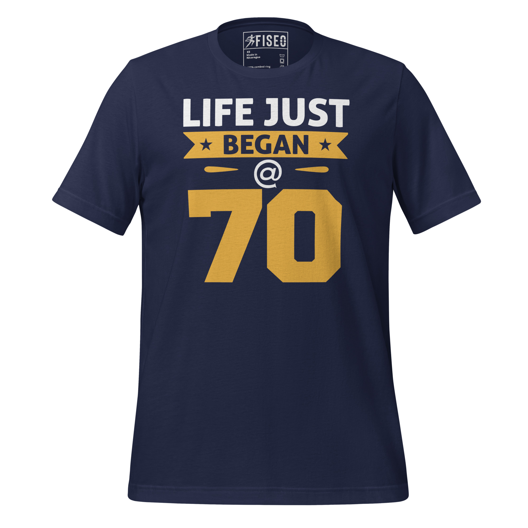 unisex-staple-t-shirt-navy-front-67bc56d84d939.jpg LIFE JUST BEGAN @ 70 - Image 1