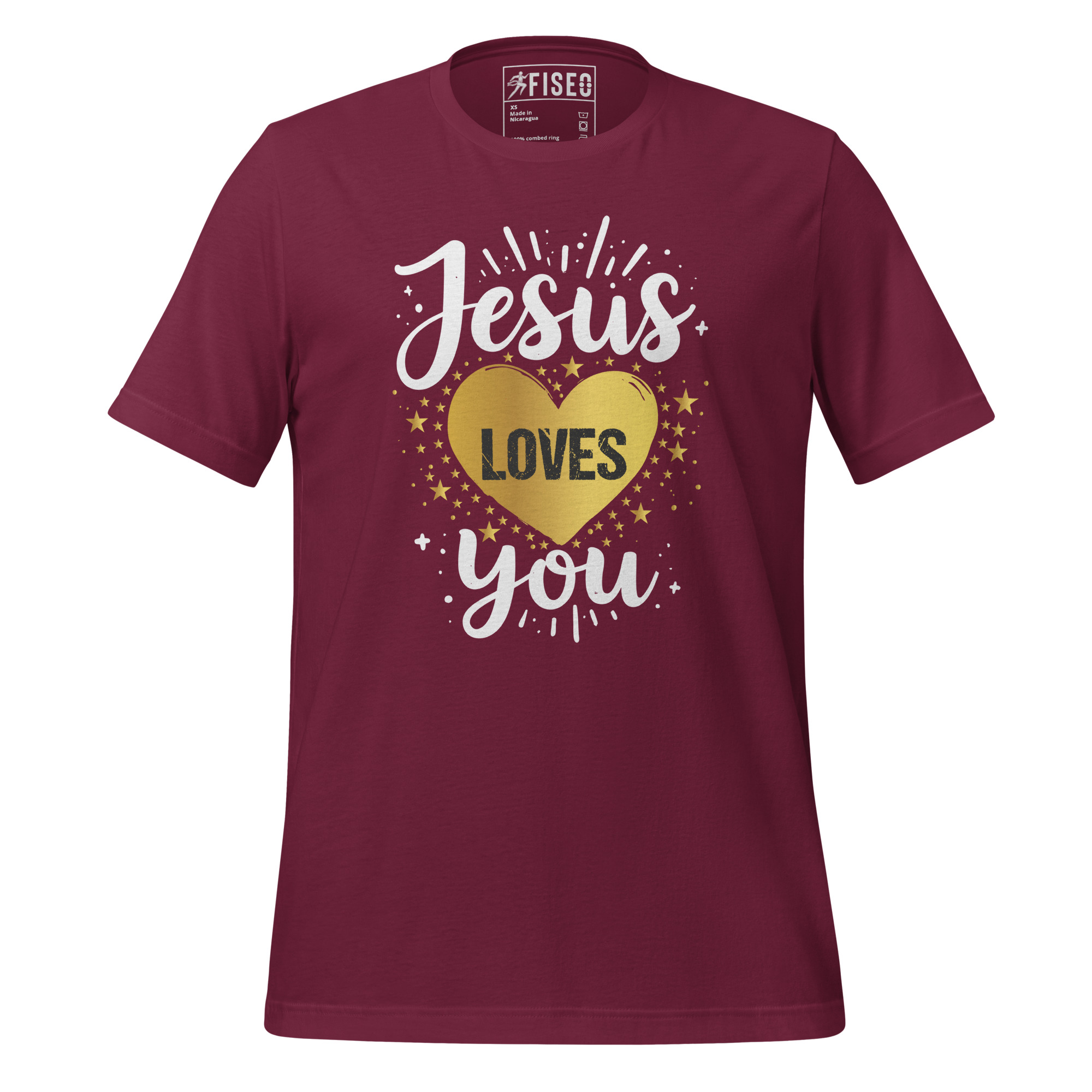 unisex-staple-t-shirt-maroon-front-67c42602257b8.jpg JESUS LOVES YOU - Image 1