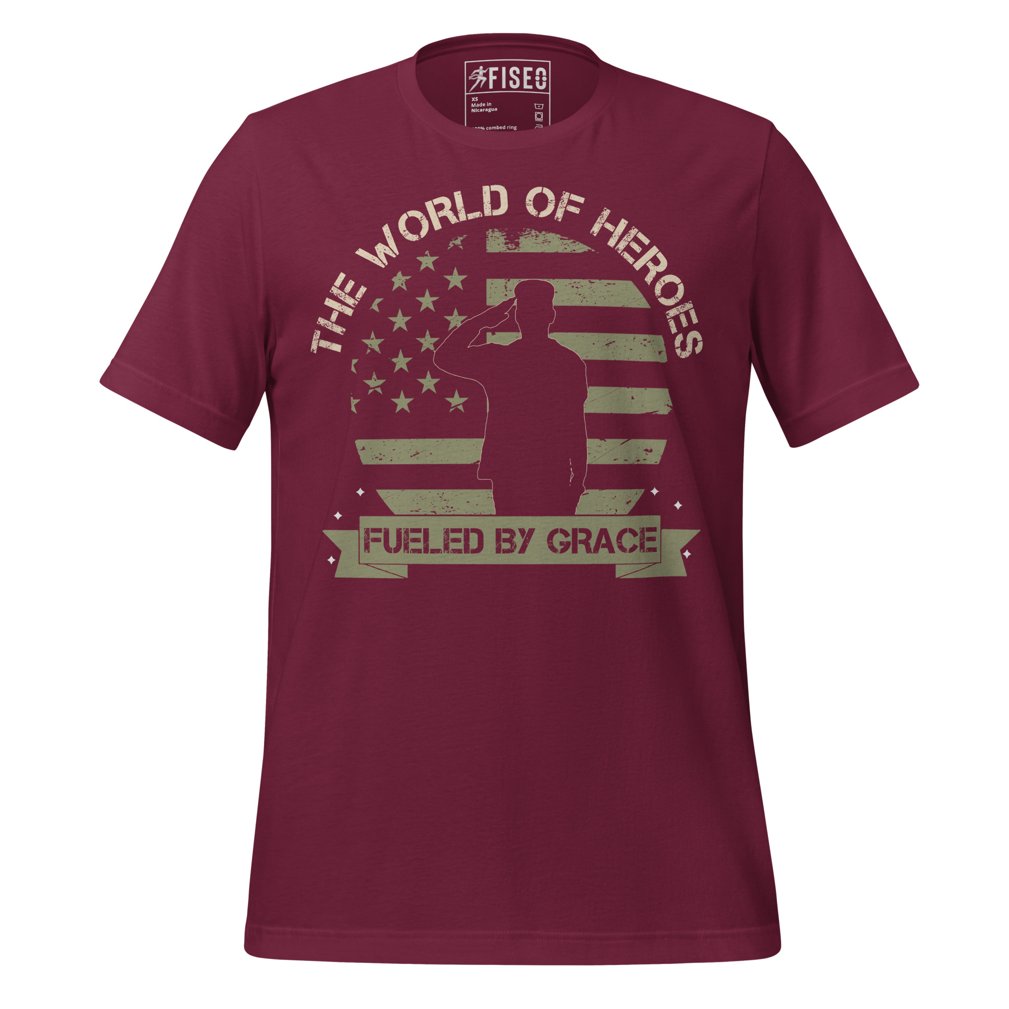 unisex-staple-t-shirt-maroon-front-67d4e6c257d35.jpg A WORLD OF HEROES FUELED BY GRACE - Image 1