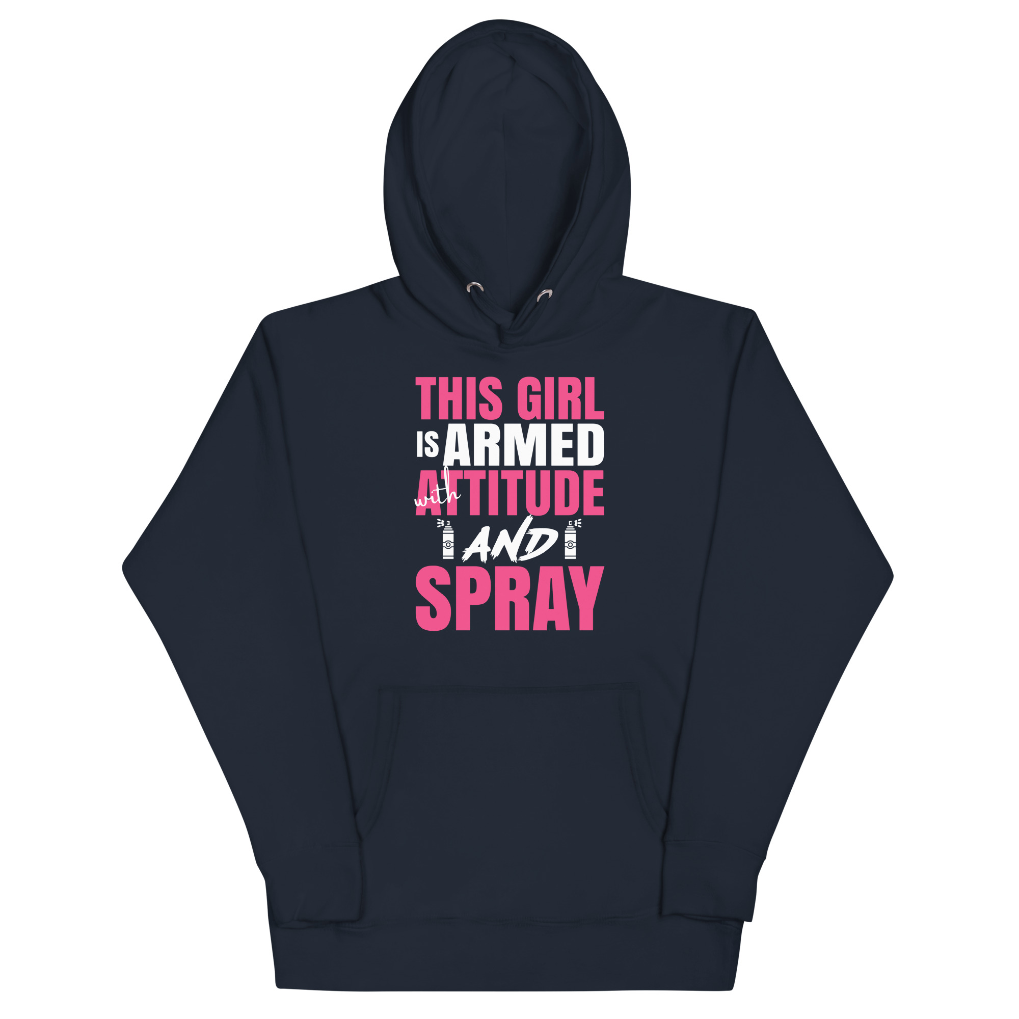 unisex-premium-hoodie-navy-blazer-front-680863cc03a57.jpg THIS GIRL IS ARMED WITH ATTITUDE AND A SPRAY - Image 1