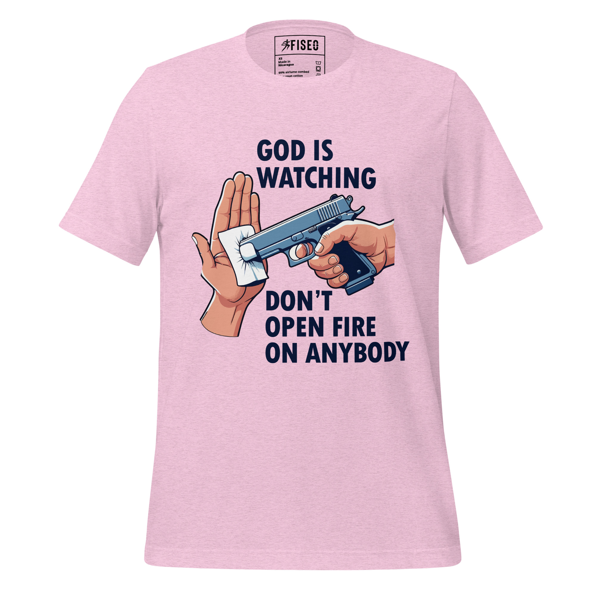 unisex-staple-t-shirt-heather-prism-lilac-front-680868476dc5e.jpg GOD IS WATCHING DON'T OPEN FIREARM ON ANYBODY - Image 1