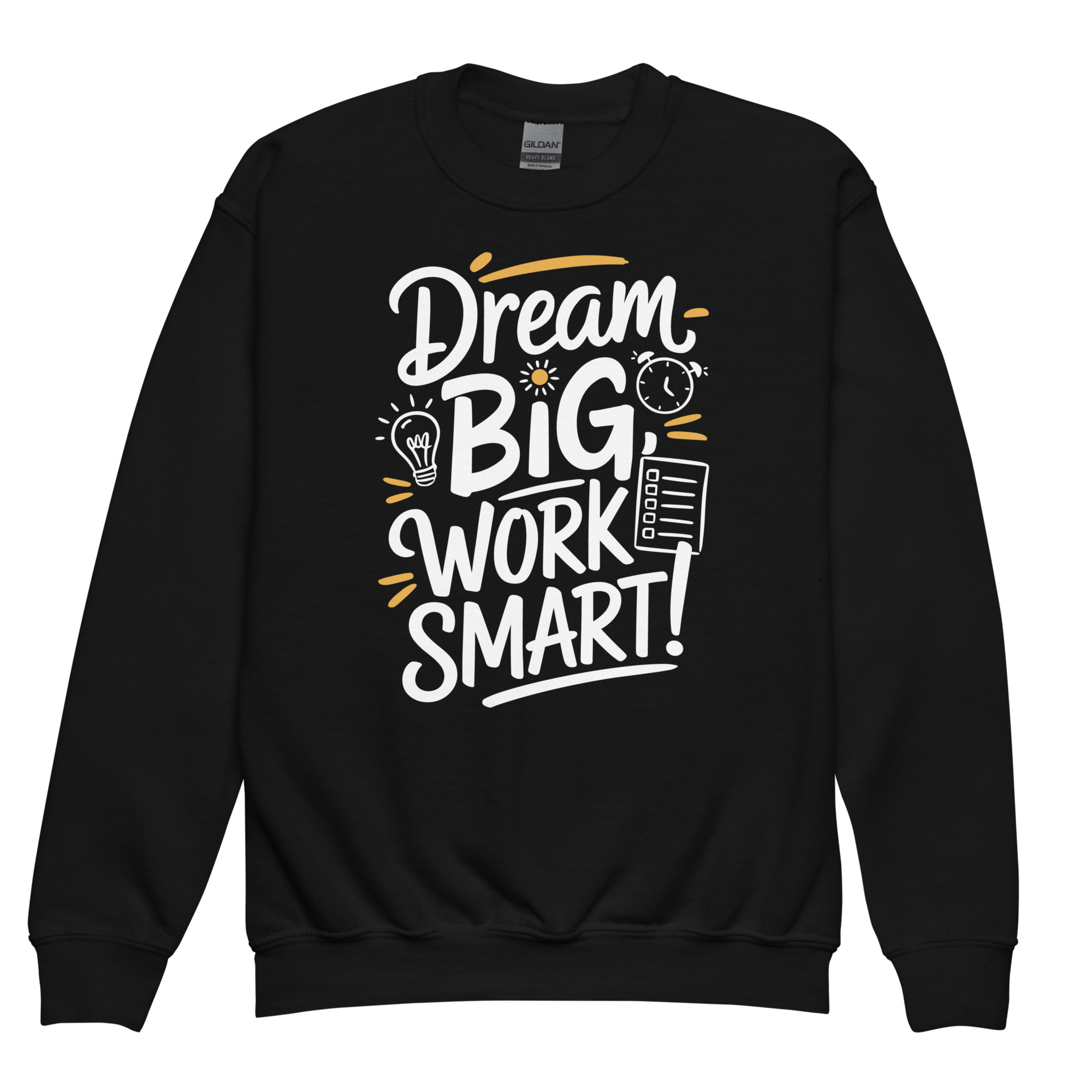 youth-crew-neck-sweatshirt-black-front-6819fc56ea55b.jpg DREAM BIG WORK SMART - Image 1