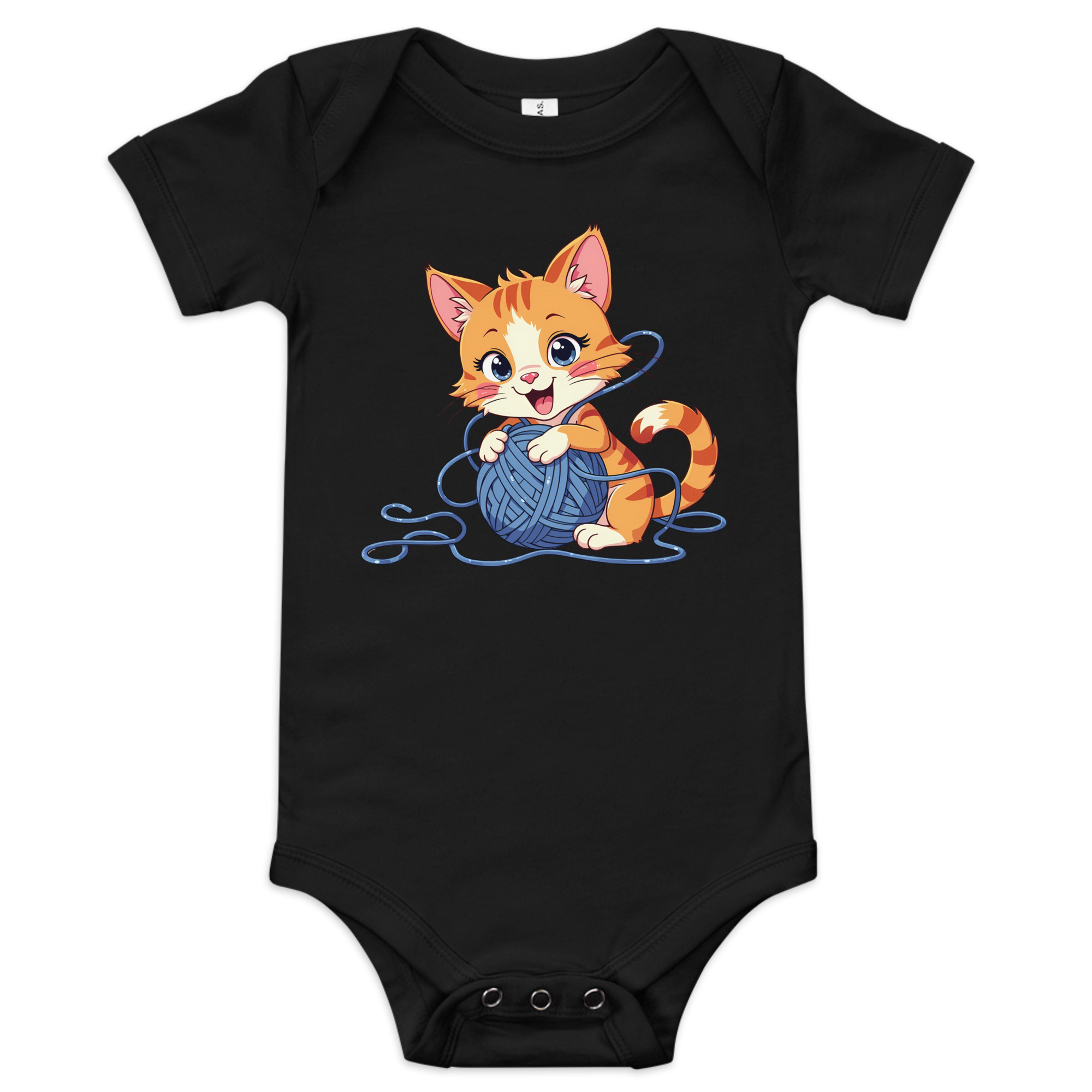 baby-short-sleeve-one-piece-black-front-689b35a356e05.jpg CAT WITH KNITTEN THREAD - Image 1